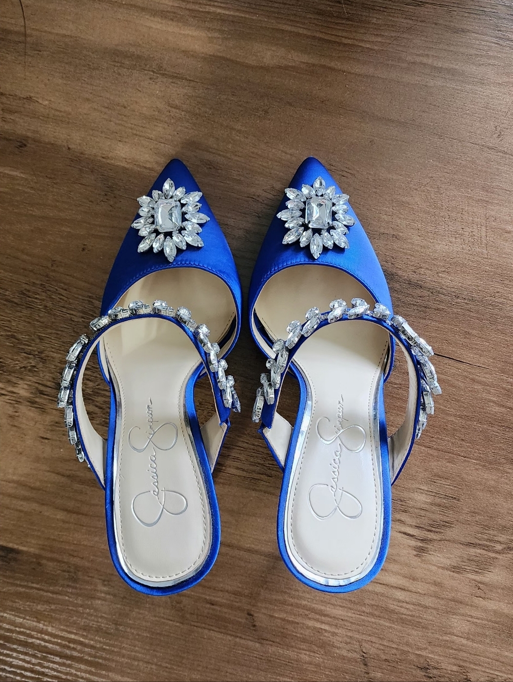 Jessica Simpson Sapphire Blue Crystal-Embellished Satin Mules - Picture 3 of 7
